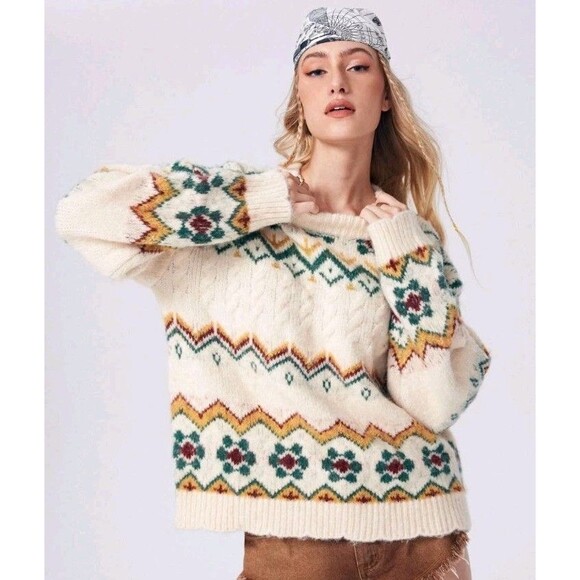 NWT Cider Womens Fair Isle Oversized Wool Blend Pullover Sweater Chunky Sz XL - Picture 1 of 13